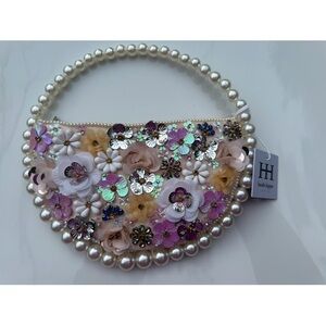 Haute Hippie Floral Gemstone Embellished Pearl Handle Clutch champagne satin NWT